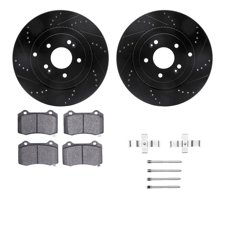 8612-03002 Drilled/Slotted Brake Rotors w/5000 Euro Ceramic Brake Pads Kit & Hardware [Black], 2010-2016 Kia/Hyundai/Genesis, Po