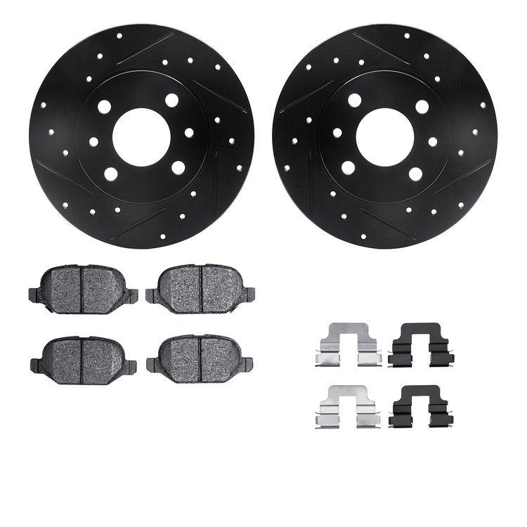 8612-07000 Drilled/Slotted Brake Rotors w/5000 Euro Ceramic Brake Pads Kit & Hardware [Black], 2009-2019 Mopar, Position: Rear