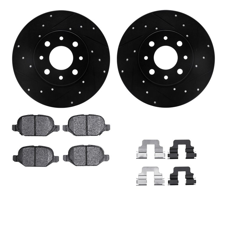 8612-07004 Drilled/Slotted Brake Rotors w/5000 Euro Ceramic Brake Pads Kit & Hardware [Black], 2013-2019 Mopar, Position: Rear