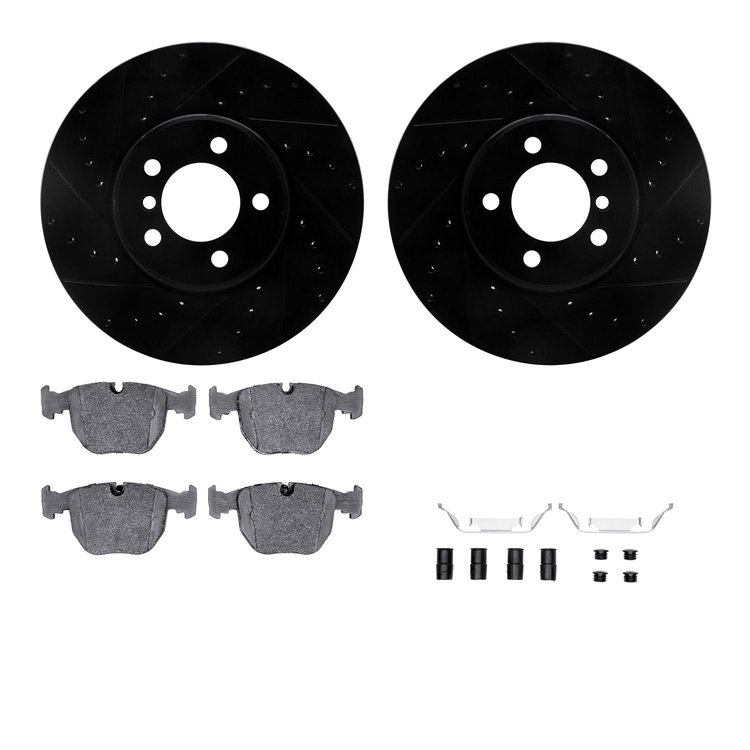 8612-11003 Drilled/Slotted Brake Rotors w/5000 Euro Ceramic Brake Pads Kit & Hardware [Black], 2003-2005 Land Rover, Position: F