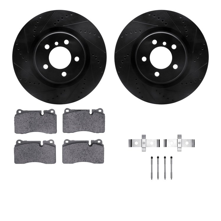 8612-11012 Drilled/Slotted Brake Rotors w/5000 Euro Ceramic Brake Pads Kit & Hardware [Black], 2006-2009 Land Rover, Position: F