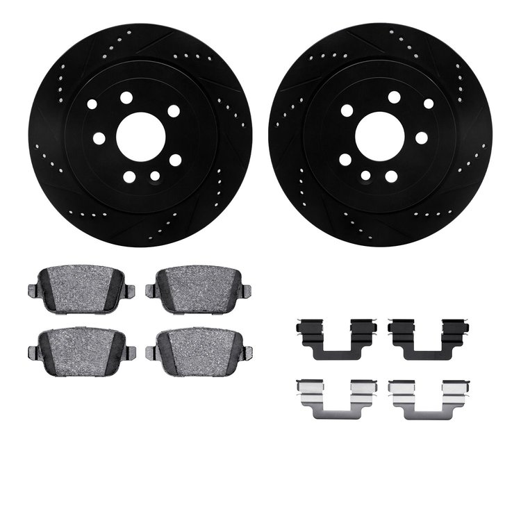 8612-11016 Drilled/Slotted Brake Rotors w/5000 Euro Ceramic Brake Pads Kit & Hardware [Black], 2008-2012 Land Rover, Position: R