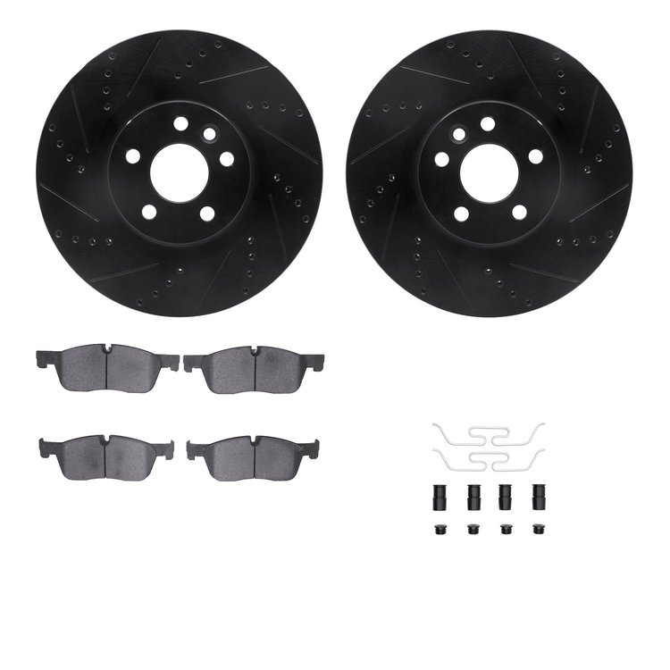 8612-11024 Drilled/Slotted Brake Rotors w/5000 Euro Ceramic Brake Pads Kit & Hardware [Black], 2015-2019 Multiple Makes/Models, 