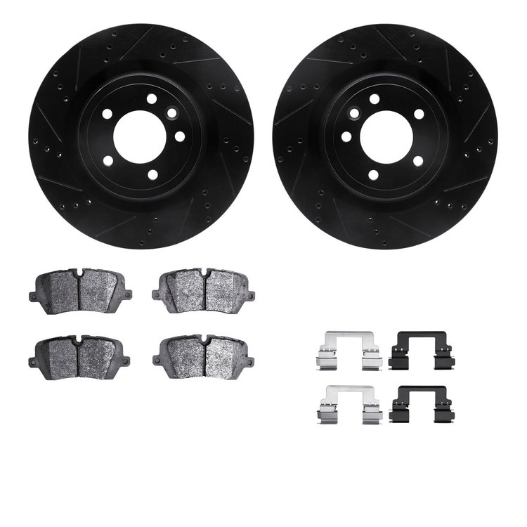 8612-11025 Drilled/Slotted Brake Rotors w/5000 Euro Ceramic Brake Pads Kit & Hardware [Black], Fits Select Land Rover, Position: