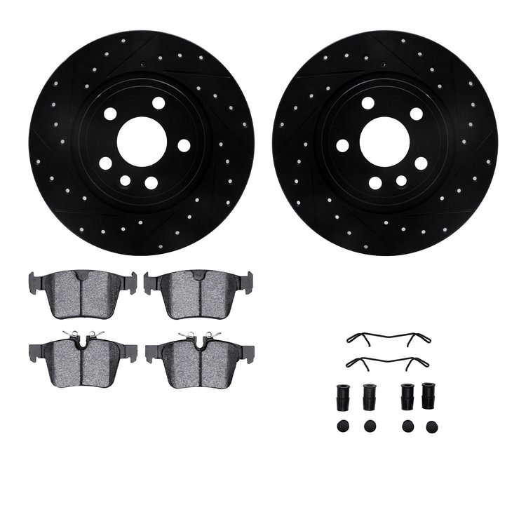 8612-11026 Drilled/Slotted Brake Rotors w/5000 Euro Ceramic Brake Pads Kit & Hardware [Black], 2015-2020 Multiple Makes/Models, 