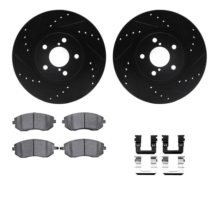 8612-13001 Drilled/Slotted Brake Rotors w/5000 Euro Ceramic Brake Pads Kit & Hardware [Black], 2002-2010 GM, Position: Front