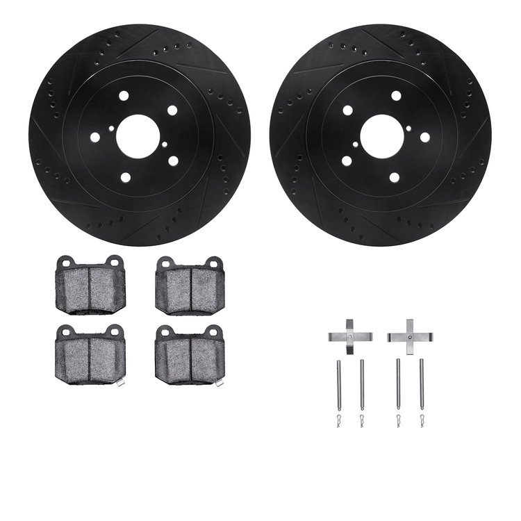 8612-13005 Drilled/Slotted Brake Rotors w/5000 Euro Ceramic Brake Pads Kit & Hardware [Black], 2005-2007 Subaru, Position: Rear