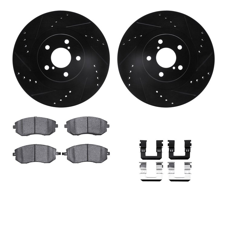 8612-13009 Drilled/Slotted Brake Rotors w/5000 Euro Ceramic Brake Pads Kit & Hardware [Black], 2002-2008 GM, Position: Front