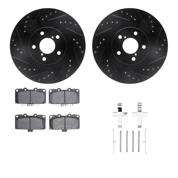 8612-13010 Drilled/Slotted Brake Rotors w/5000 Euro Ceramic Brake Pads Kit & Hardware [Black], 2006-2007 Subaru, Position: Front