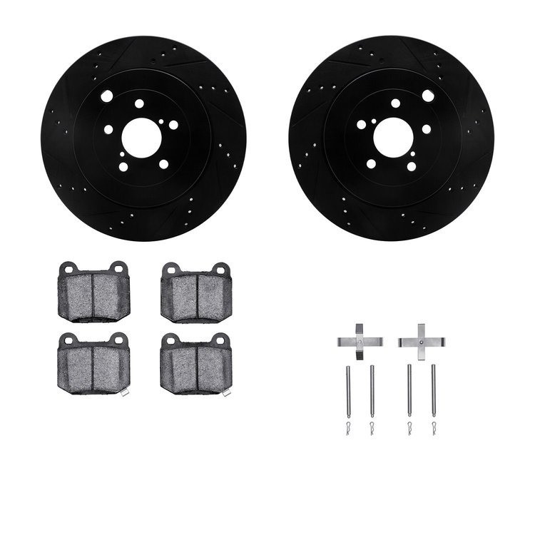 8612-13013 Drilled/Slotted Brake Rotors w/5000 Euro Ceramic Brake Pads Kit & Hardware [Black], 2017-2020 Multiple Makes/Models, 