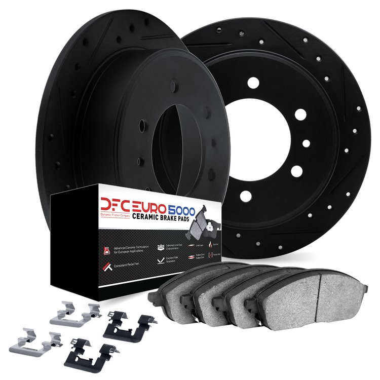 8612-16002 Drilled/Slotted Brake Rotors w/5000 Euro Ceramic Brake Pads Kit & Hardware [Black], 1981-1986 Alfa Romeo, Position: R