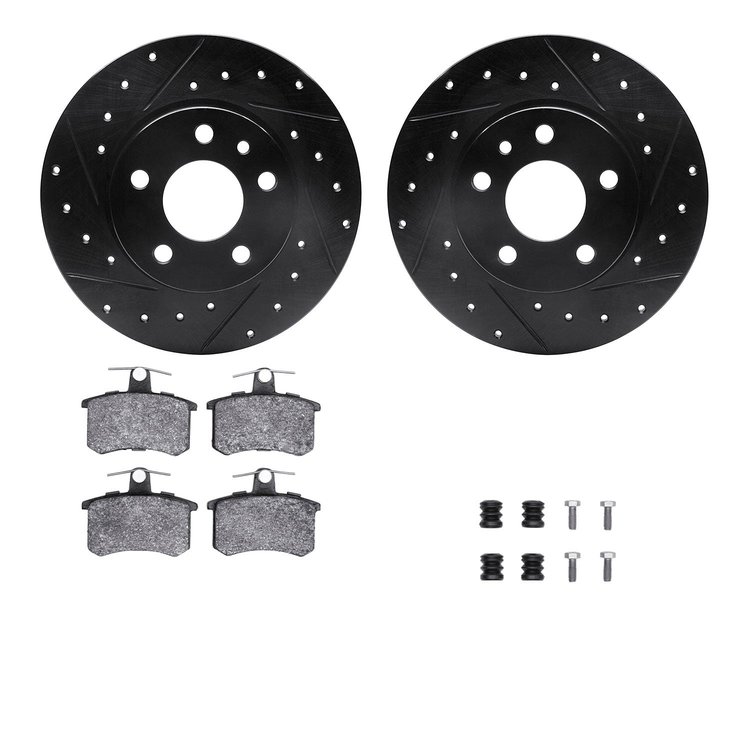 8612-16004 Drilled/Slotted Brake Rotors w/5000 Euro Ceramic Brake Pads Kit & Hardware [Black], 1991-1995 Alfa Romeo, Position: R