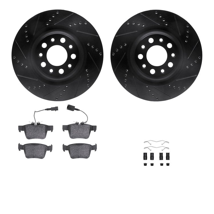 8612-16006 Drilled/Slotted Brake Rotors w/5000 Euro Ceramic Brake Pads Kit & Hardware [Black], 2017-2021 Alfa Romeo, Position: R