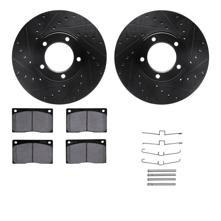 8612-20001 Drilled/Slotted Brake Rotors w/5000 Euro Ceramic Brake Pads Kit & Hardware [Black], 1973-1997 Jaguar, Position: Front