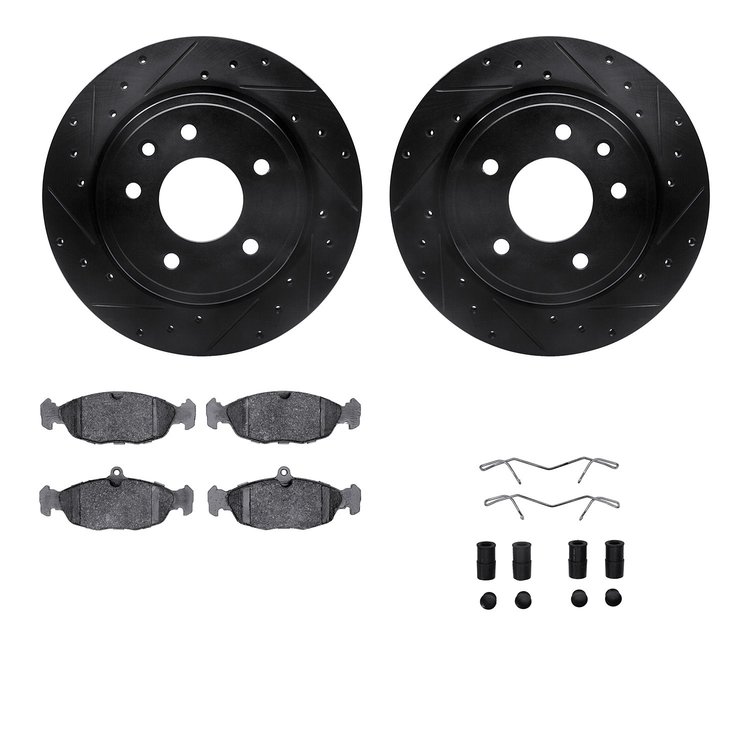 8612-20004 Drilled/Slotted Brake Rotors w/5000 Euro Ceramic Brake Pads Kit & Hardware [Black], 1995-1997 Jaguar, Position: Rear