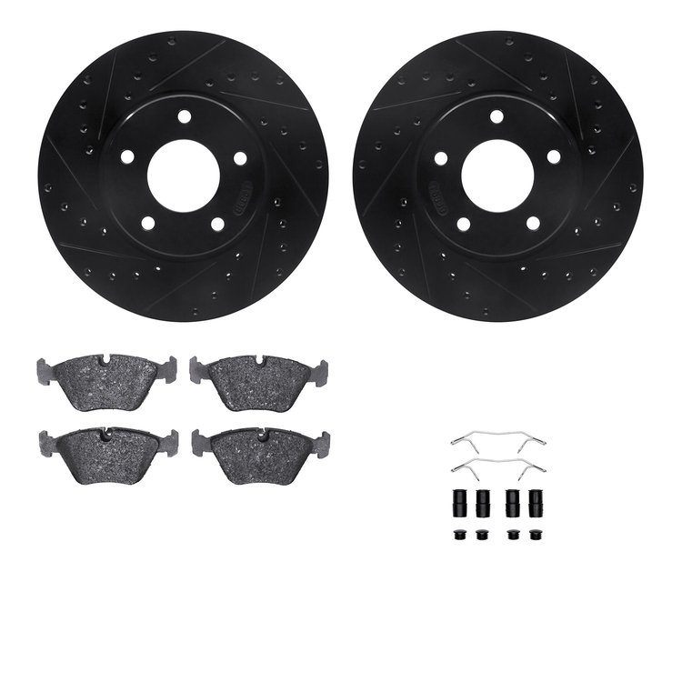 8612-20006 Drilled/Slotted Brake Rotors w/5000 Euro Ceramic Brake Pads Kit & Hardware [Black], 1997-2003 Jaguar, Position: Front