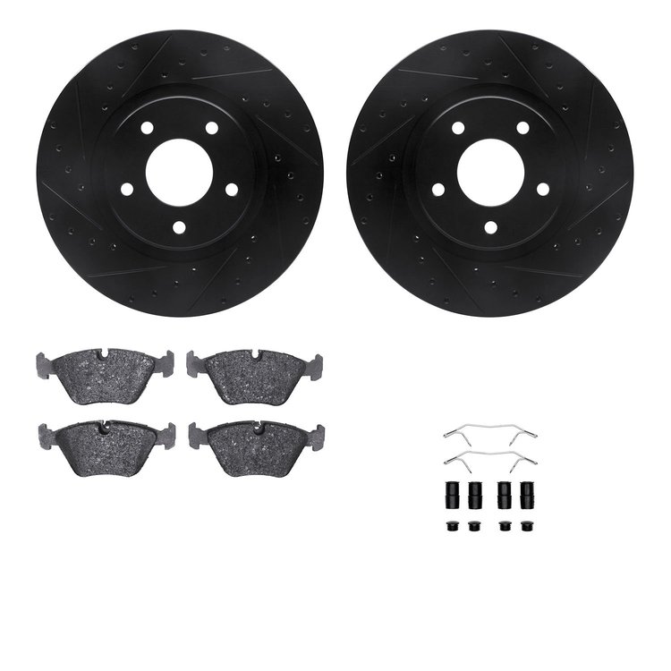 8612-20007 Drilled/Slotted Brake Rotors w/5000 Euro Ceramic Brake Pads Kit & Hardware [Black], 1998-2006 Jaguar, Position: Front