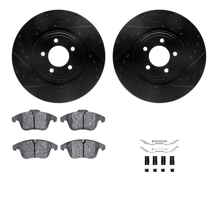 8612-20012 Drilled/Slotted Brake Rotors w/5000 Euro Ceramic Brake Pads Kit & Hardware [Black], 2006-2010 Jaguar, Position: Front
