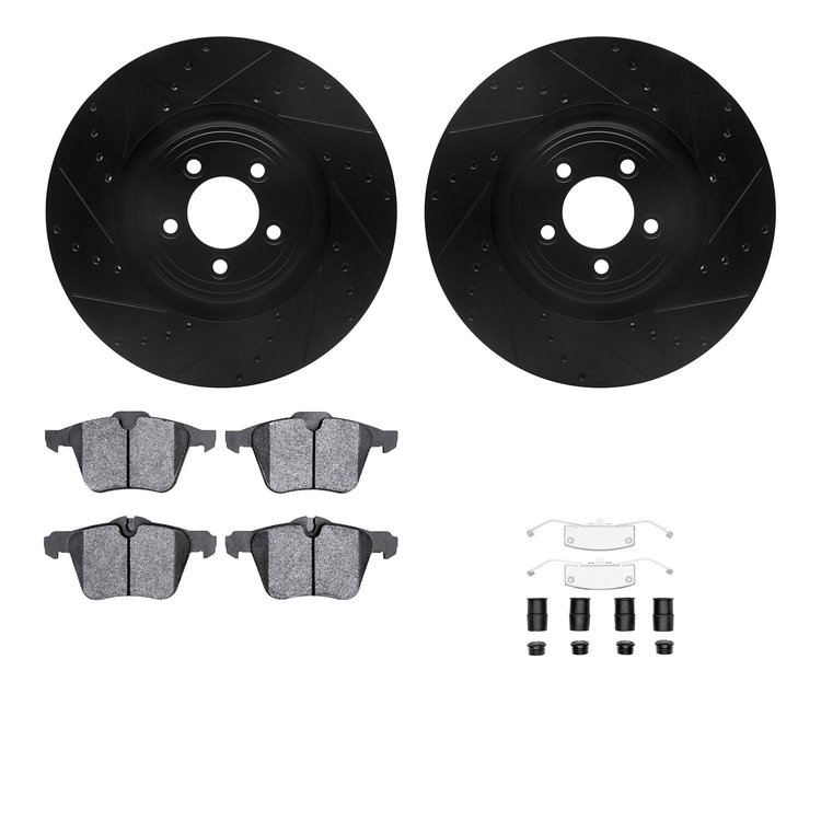 8612-20013 Drilled/Slotted Brake Rotors w/5000 Euro Ceramic Brake Pads Kit & Hardware [Black], 2010-2019 Jaguar, Position: Front