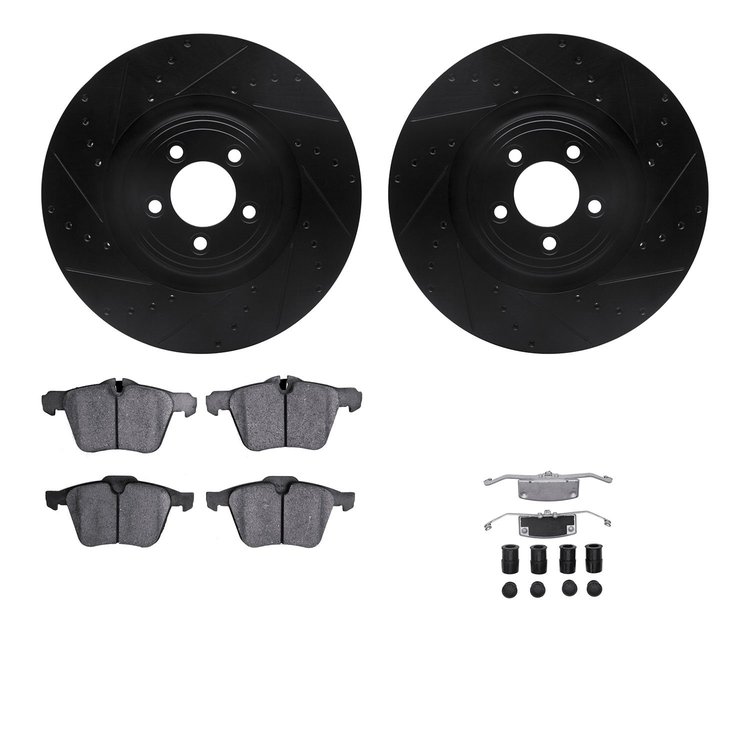 8612-20016 Drilled/Slotted Brake Rotors w/5000 Euro Ceramic Brake Pads Kit & Hardware [Black], 2013-2021 Jaguar, Position: Front