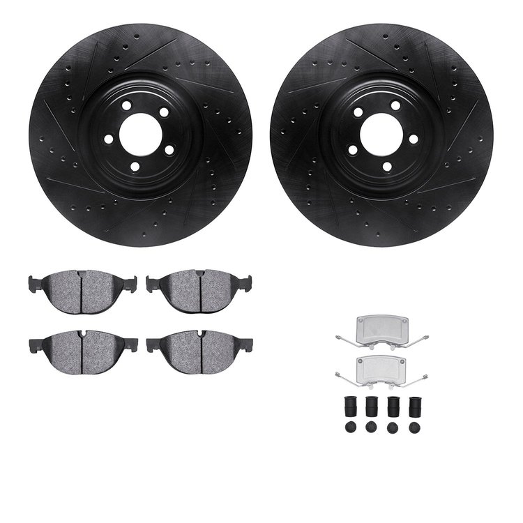 8612-20018 Drilled/Slotted Brake Rotors w/5000 Euro Ceramic Brake Pads Kit & Hardware [Black], Fits Select Jaguar, Position: Fro