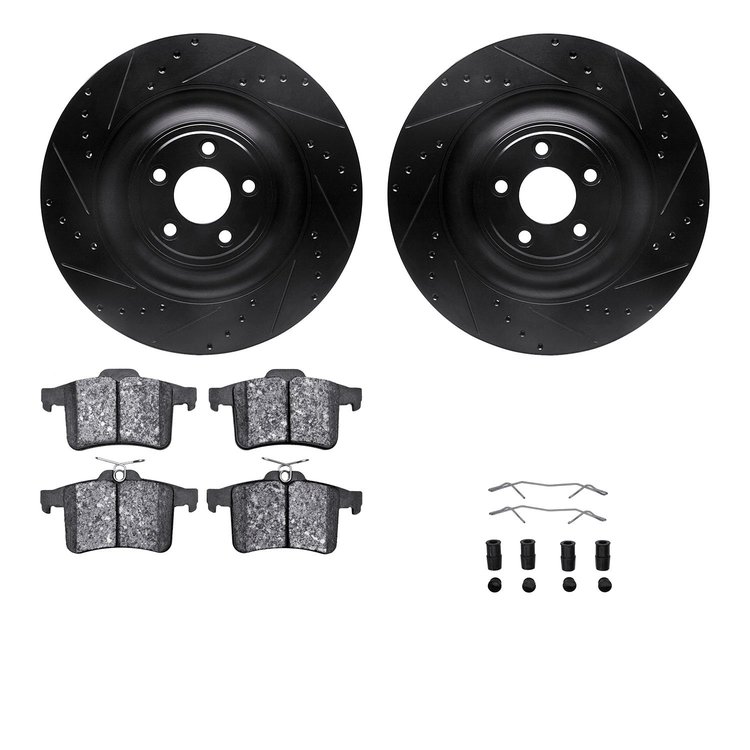 8612-20020 Drilled/Slotted Brake Rotors w/5000 Euro Ceramic Brake Pads Kit & Hardware [Black], 2010-2017 Jaguar, Position: Rear