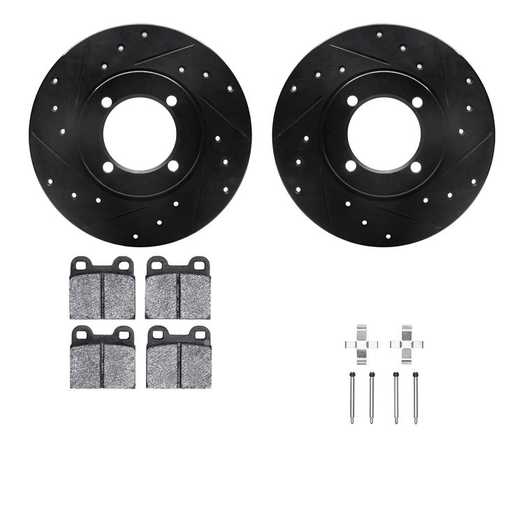 8612-22000 Drilled/Slotted Brake Rotors w/5000 Euro Ceramic Brake Pads Kit & Hardware [Black], 1967-1971 Opel, Position: Front
