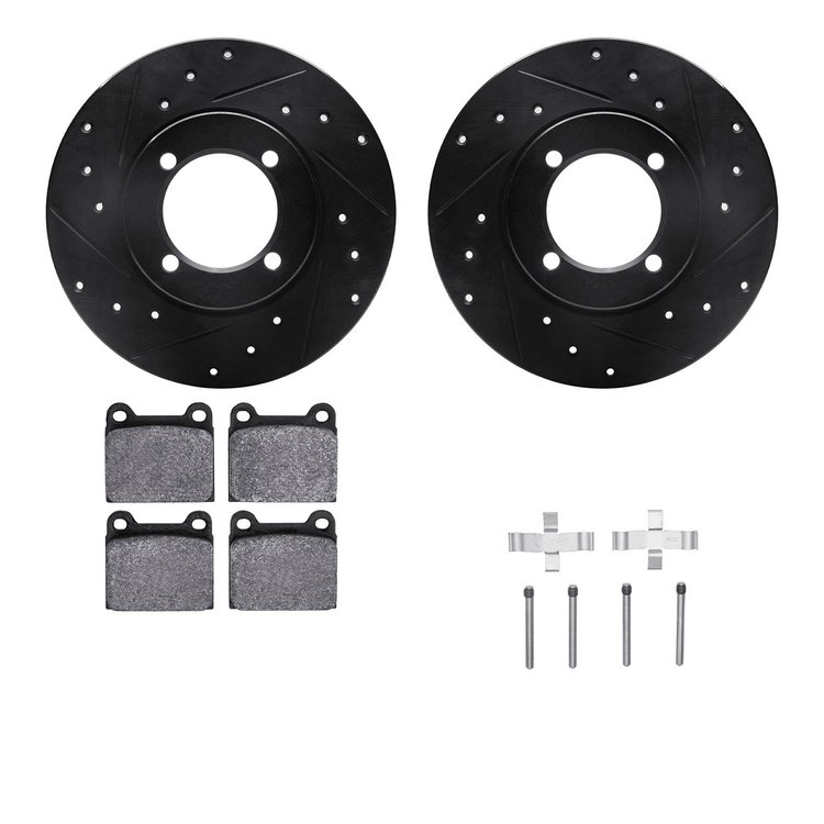 8612-22001 Drilled/Slotted Brake Rotors w/5000 Euro Ceramic Brake Pads Kit & Hardware [Black], 1968-1973 Opel, Position: Front