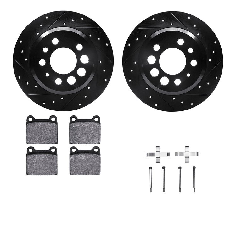 8612-27009 Drilled/Slotted Brake Rotors w/5000 Euro Ceramic Brake Pads Kit & Hardware [Black], 1975-1997 Volvo, Position: Rear