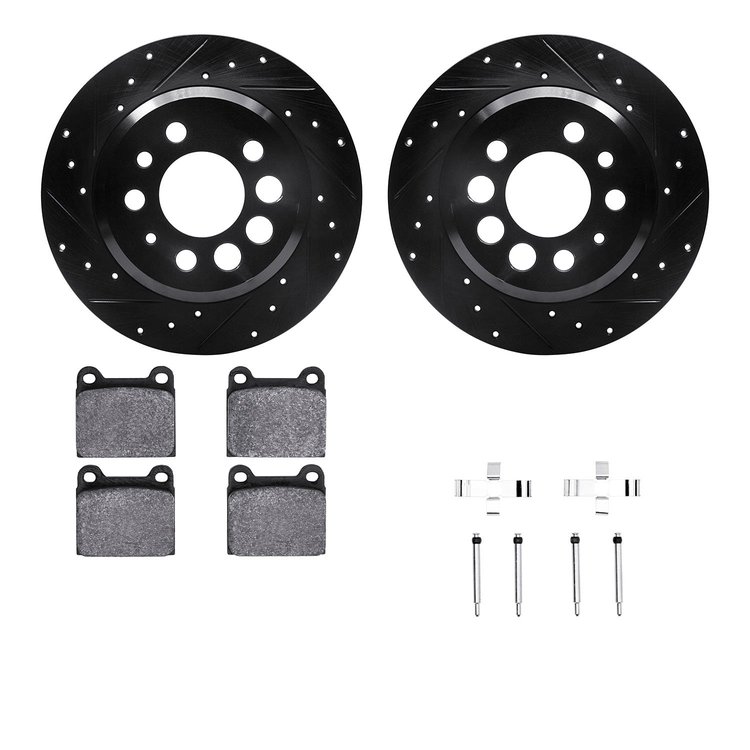 8612-27010 Drilled/Slotted Brake Rotors w/5000 Euro Ceramic Brake Pads Kit & Hardware [Black], 1974-1975 Volvo, Position: Rear