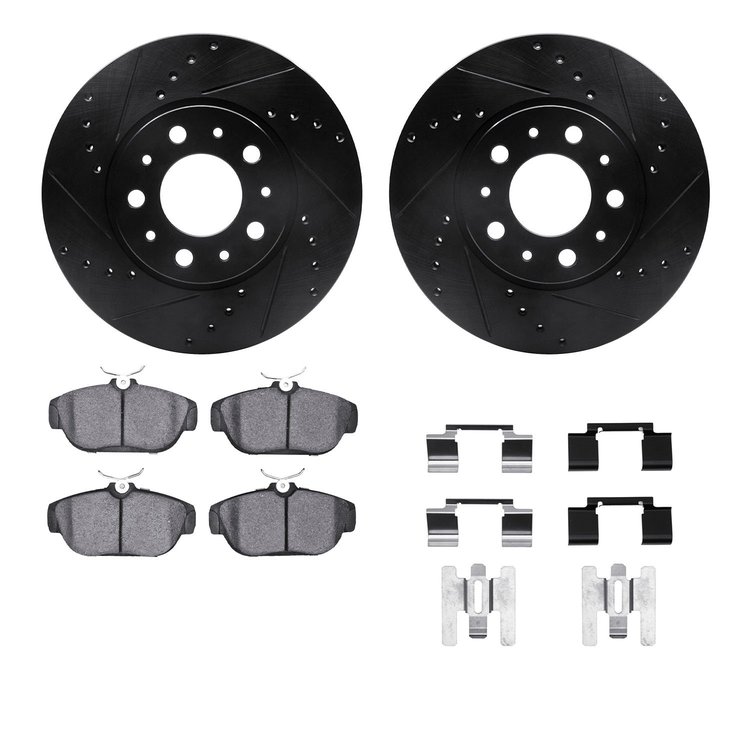 8612-27018 Drilled/Slotted Brake Rotors w/5000 Euro Ceramic Brake Pads Kit & Hardware [Black], 1991-1995 Volvo, Position: Front