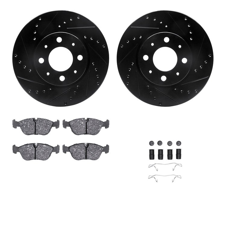 8612-27019 Drilled/Slotted Brake Rotors w/5000 Euro Ceramic Brake Pads Kit & Hardware [Black], 1993-1995 Volvo, Position: Front