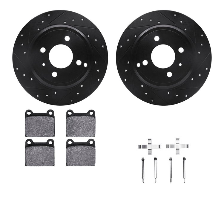 8612-27020 Drilled/Slotted Brake Rotors w/5000 Euro Ceramic Brake Pads Kit & Hardware [Black], 1993-1995 Volvo, Position: Rear