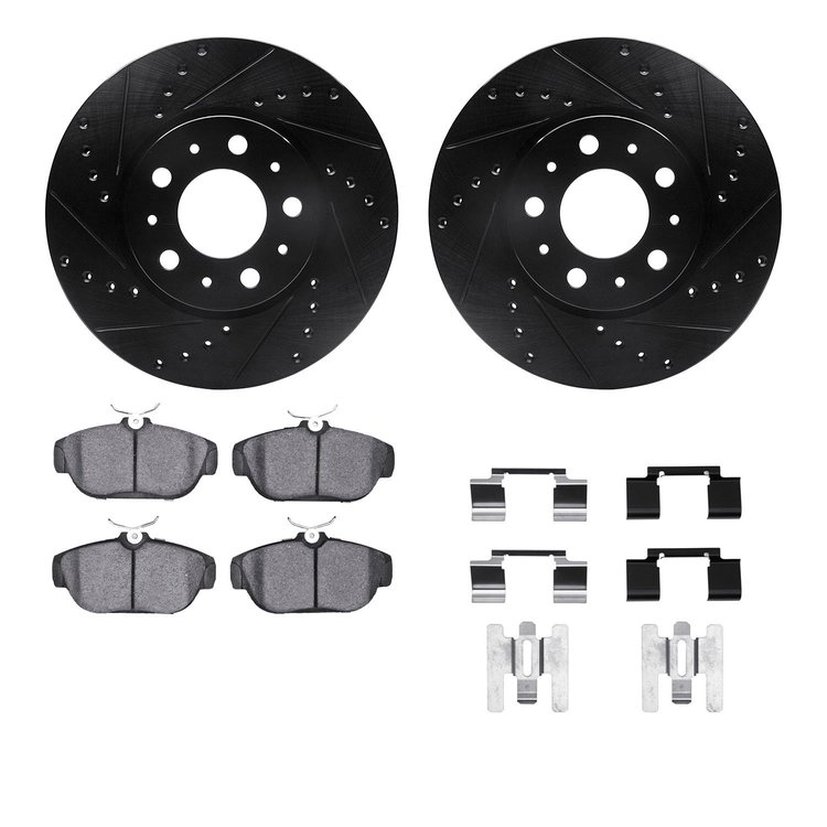 8612-27021 Drilled/Slotted Brake Rotors w/5000 Euro Ceramic Brake Pads Kit & Hardware [Black], 1995-1998 Volvo, Position: Front