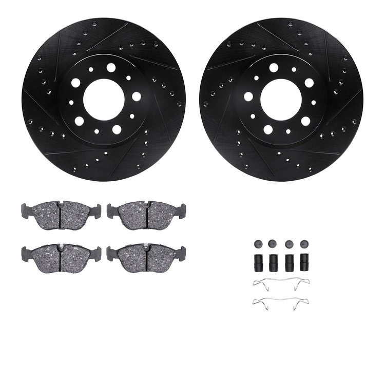 8612-27022 Drilled/Slotted Brake Rotors w/5000 Euro Ceramic Brake Pads Kit & Hardware [Black], 1996-2004 Volvo, Position: Front