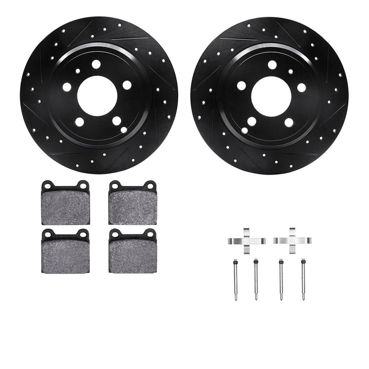 8612-27023 Drilled/Slotted Brake Rotors w/5000 Euro Ceramic Brake Pads Kit & Hardware [Black], 1996-2004 Volvo, Position: Rear