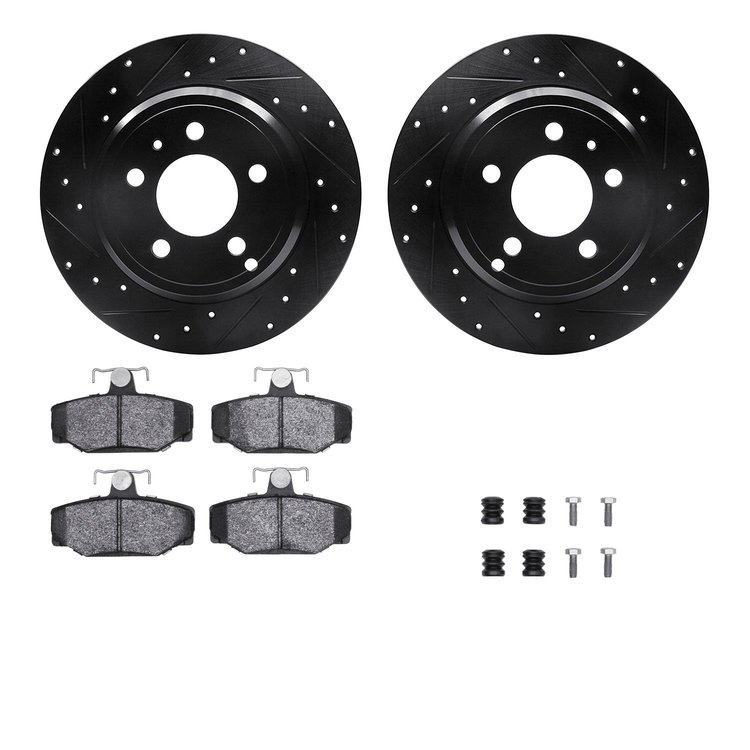 8612-27024 Drilled/Slotted Brake Rotors w/5000 Euro Ceramic Brake Pads Kit & Hardware [Black], 1996-1997 Volvo, Position: Rear