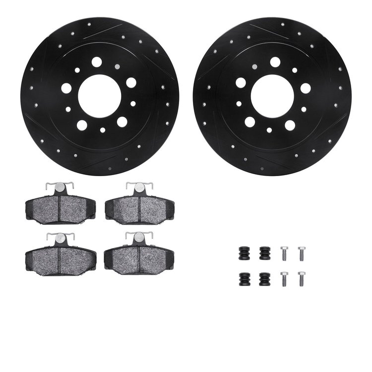 8612-27025 Drilled/Slotted Brake Rotors w/5000 Euro Ceramic Brake Pads Kit & Hardware [Black], 1995-1997 Volvo, Position: Rear