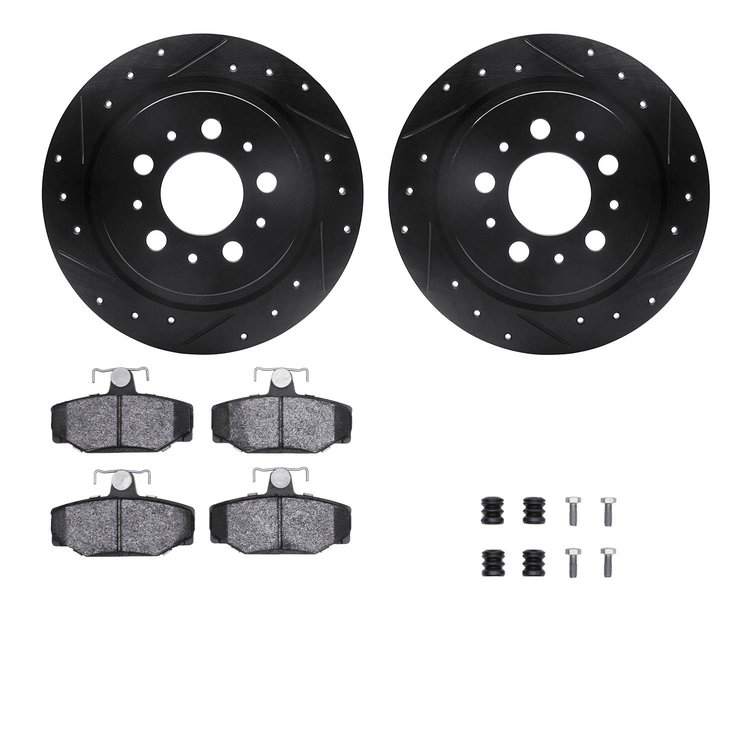 8612-27026 Drilled/Slotted Brake Rotors w/5000 Euro Ceramic Brake Pads Kit & Hardware [Black], 1997-1998 Volvo, Position: Rear
