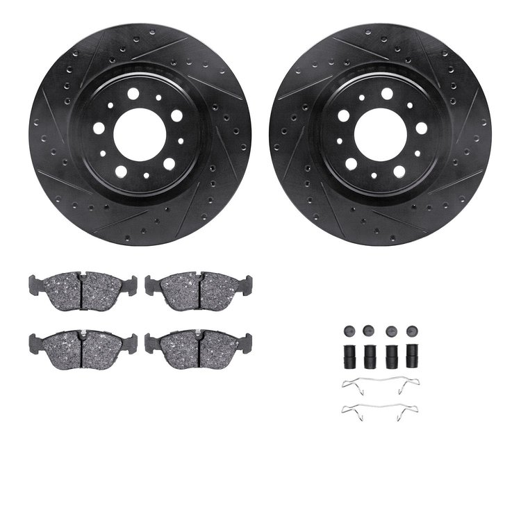 8612-27027 Drilled/Slotted Brake Rotors w/5000 Euro Ceramic Brake Pads Kit & Hardware [Black], 1998-2004 Volvo, Position: Front