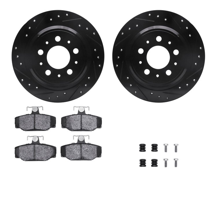 8612-27028 Drilled/Slotted Brake Rotors w/5000 Euro Ceramic Brake Pads Kit & Hardware [Black], 1998-2000 Volvo, Position: Rear
