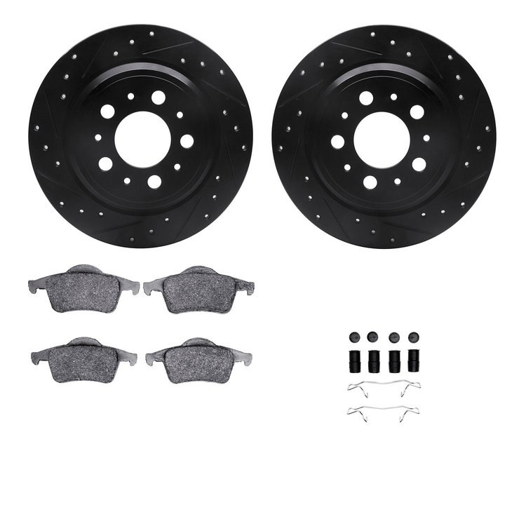8612-27029 Drilled/Slotted Brake Rotors w/5000 Euro Ceramic Brake Pads Kit & Hardware [Black], 1999-2009 Volvo, Position: Rear
