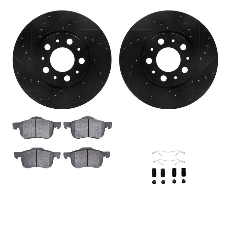 8612-27030 Drilled/Slotted Brake Rotors w/5000 Euro Ceramic Brake Pads Kit & Hardware [Black], 1999-2009 Volvo, Position: Front