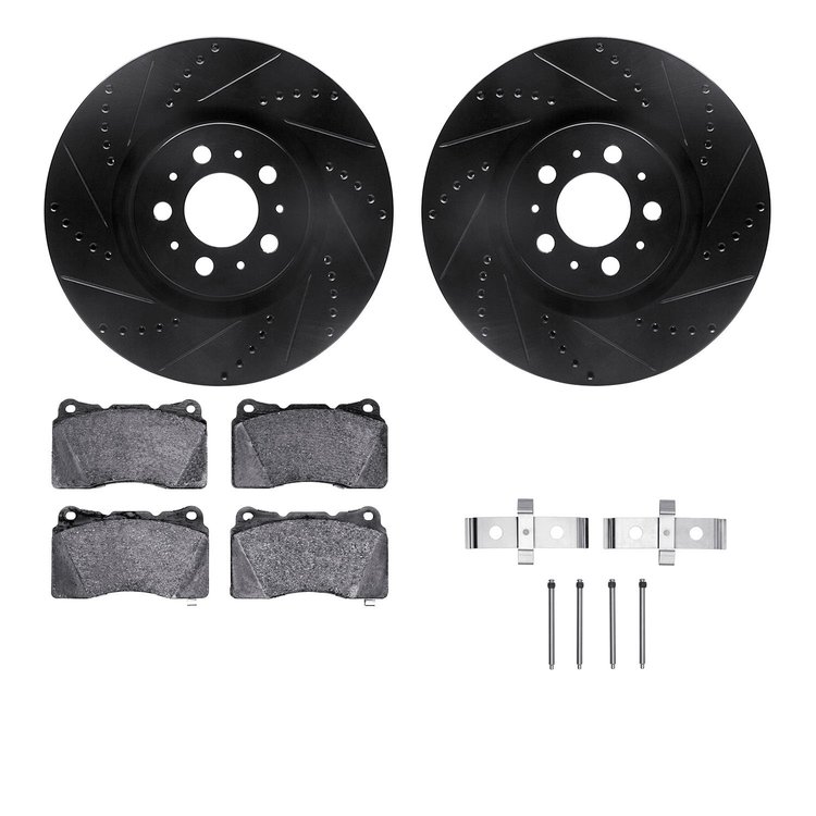 8612-27033 Drilled/Slotted Brake Rotors w/5000 Euro Ceramic Brake Pads Kit & Hardware [Black], 2004-2007 Volvo, Position: Front