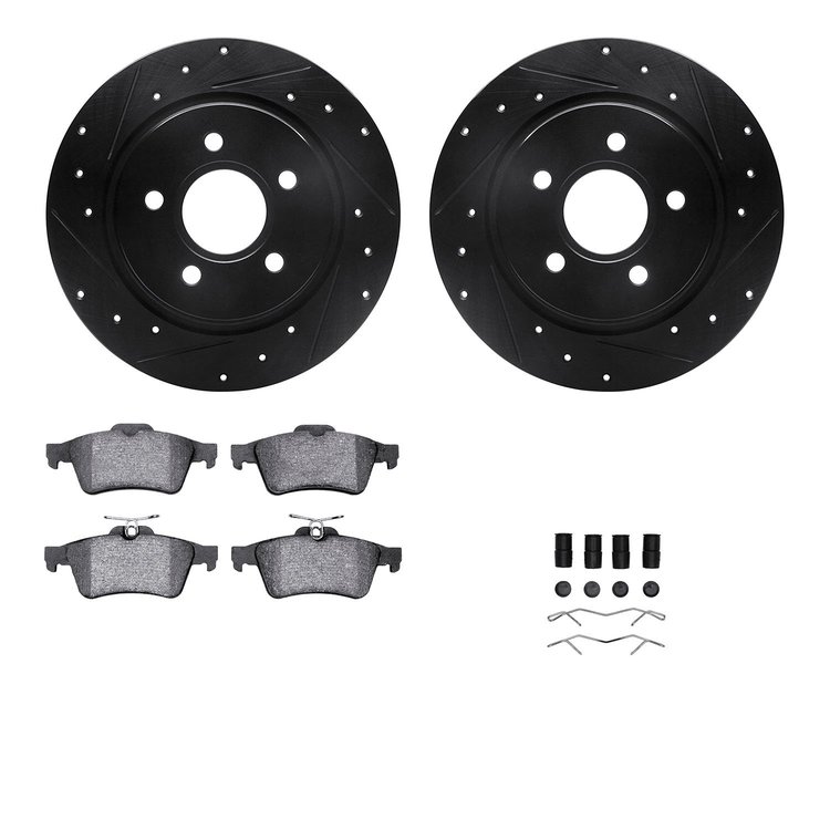 8612-27035 Drilled/Slotted Brake Rotors w/5000 Euro Ceramic Brake Pads Kit & Hardware [Black], 2004-2013 Volvo, Position: Rear