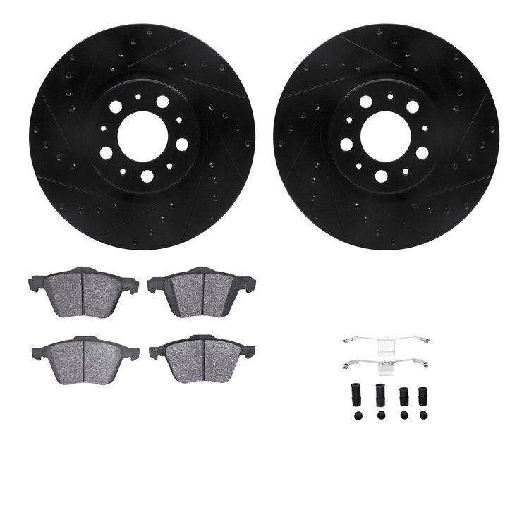 8612-27043 Drilled/Slotted Brake Rotors w/5000 Euro Ceramic Brake Pads Kit & Hardware [Black], 2003-2009 Volvo, Position: Front