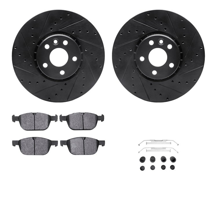 8612-27047 Drilled/Slotted Brake Rotors w/5000 Euro Ceramic Brake Pads Kit & Hardware [Black], 2010-2016 Volvo, Position: Front