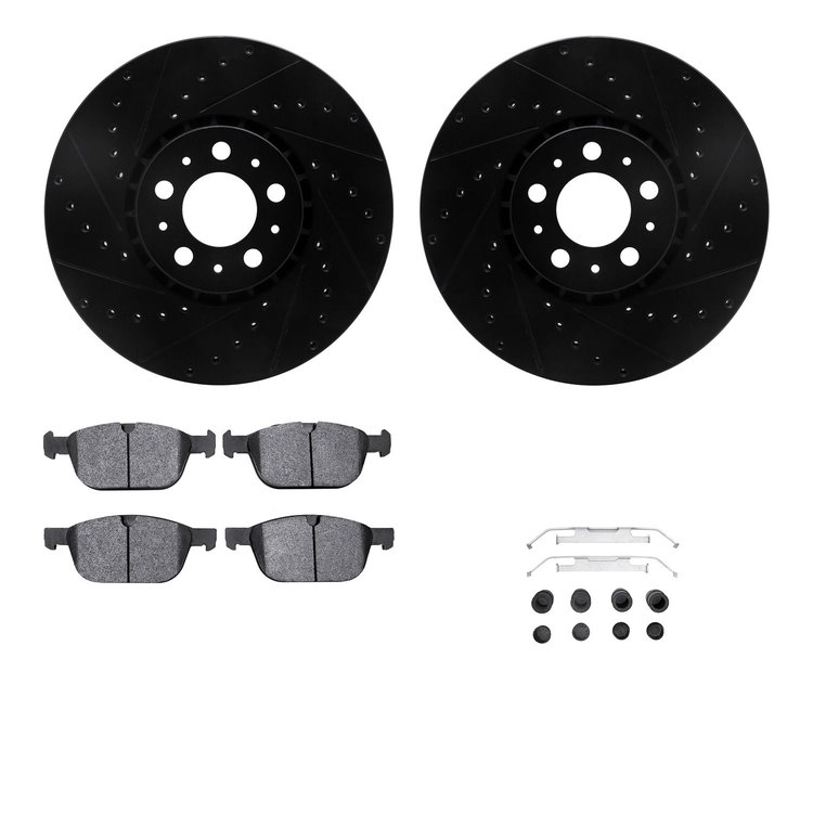 8612-27049 Drilled/Slotted Brake Rotors w/5000 Euro Ceramic Brake Pads Kit & Hardware [Black], 2003-2014 Volvo, Position: Front