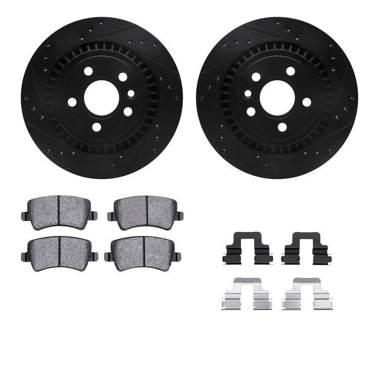 8612-27057 Drilled/Slotted Brake Rotors w/5000 Euro Ceramic Brake Pads Kit & Hardware [Black], 2008-2016 Volvo, Position: Rear