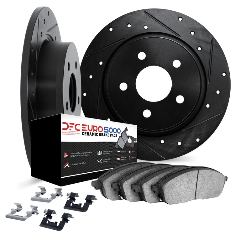 8612-31002 Drilled/Slotted Brake Rotors w/5000 Euro Ceramic Brake Pads Kit & Hardware [Black], 1969-1978 BMW, Position: Rear